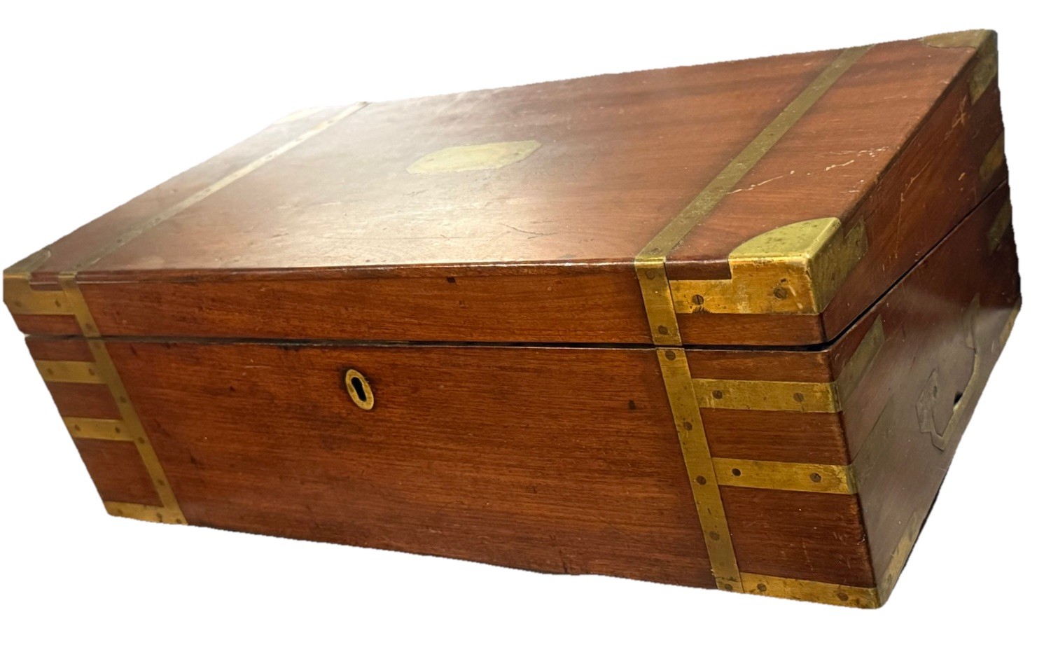 Early Antique Wood & Brass Bound Military Campaign Writing Desk