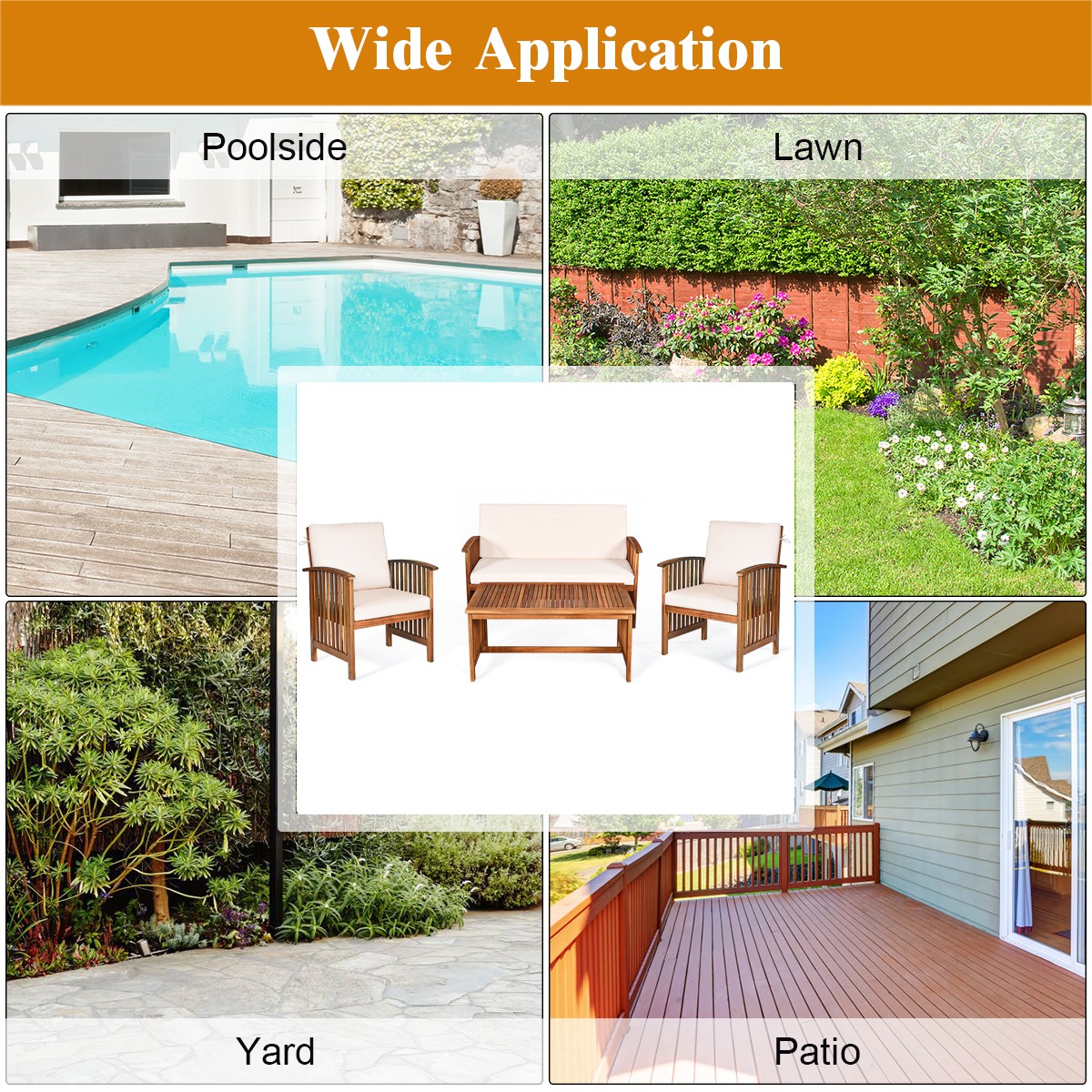 8PCS Patio Solid Wood Furniture Set Conversation Coffee Table W/White Cushion