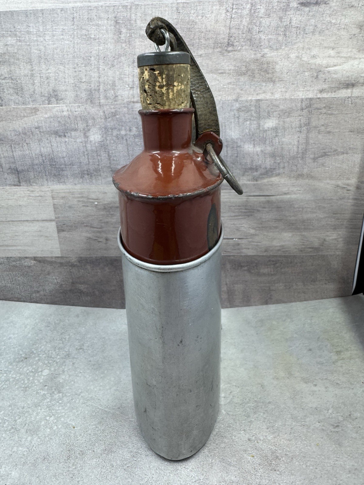 Vintage Swiss Army Canteen Enamel Water Bottle w/ Cork & Leather Strap 8.5”