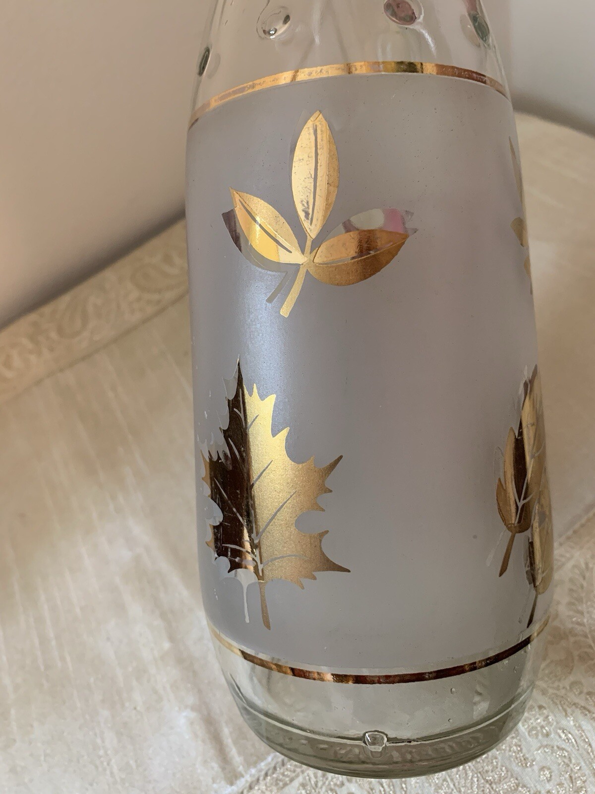 Vintage Libbey Frosted White with Gold Leaves Bottle/Decanter 12” Tall 3” High