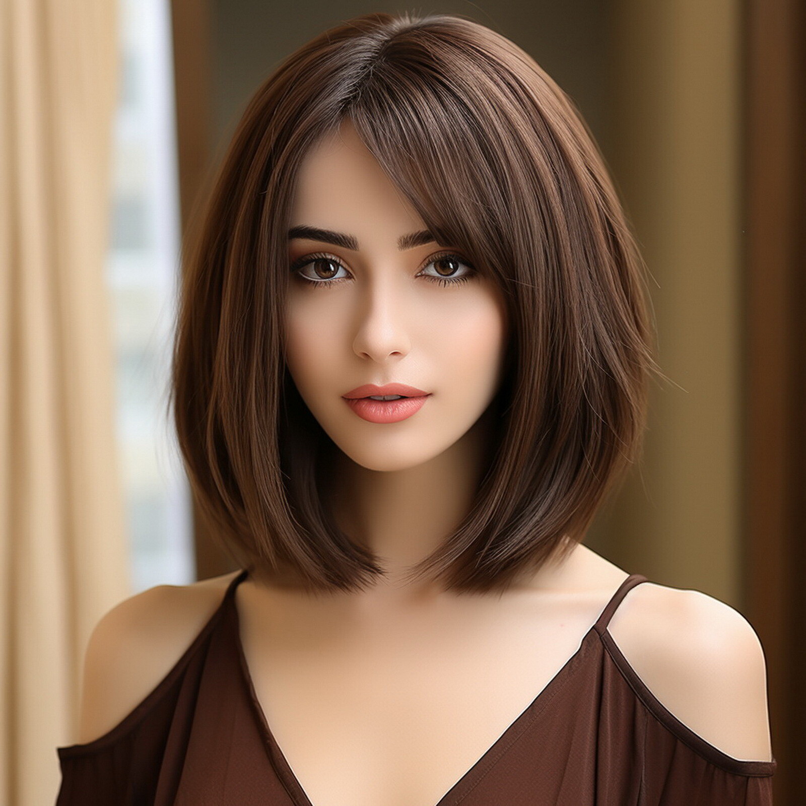 Synthetic Brunette Wig for Girl|Shoulder Length Brown Wig for Daily Use