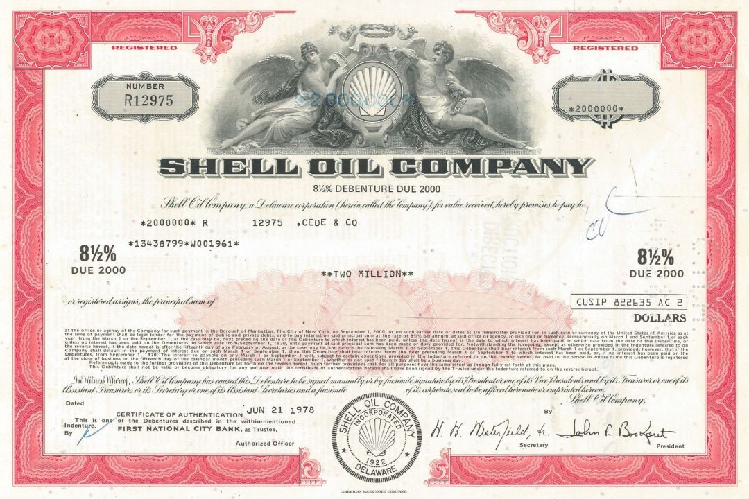 Shell Oil Co. - $2,000,000 Denominated 1978 dated Oil Bond - High Denomination