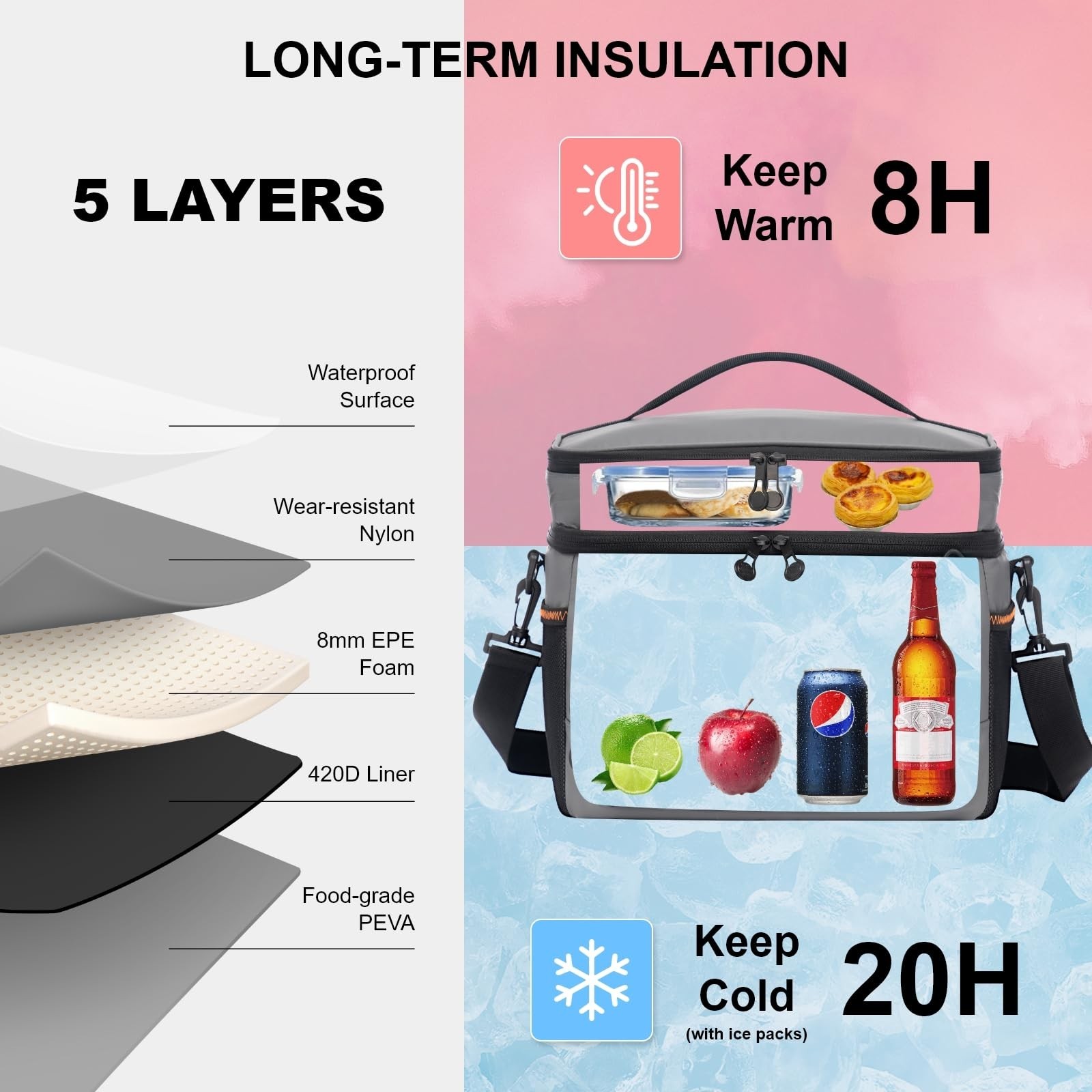 EVERFUN Small Cooler Bag 24/48 Can Insulated Lunch Box Double Deck Soft Leak-...