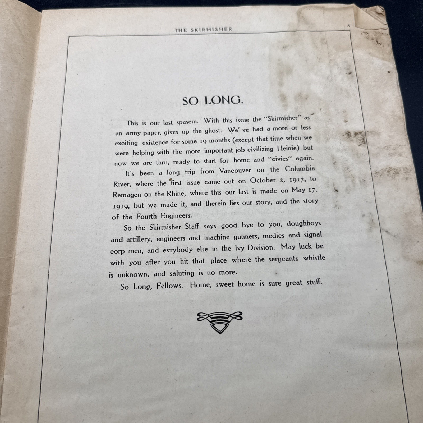 1919 THE SKIRMISHER Kinghts of Columbus Edition WWI 4th Infantry Division