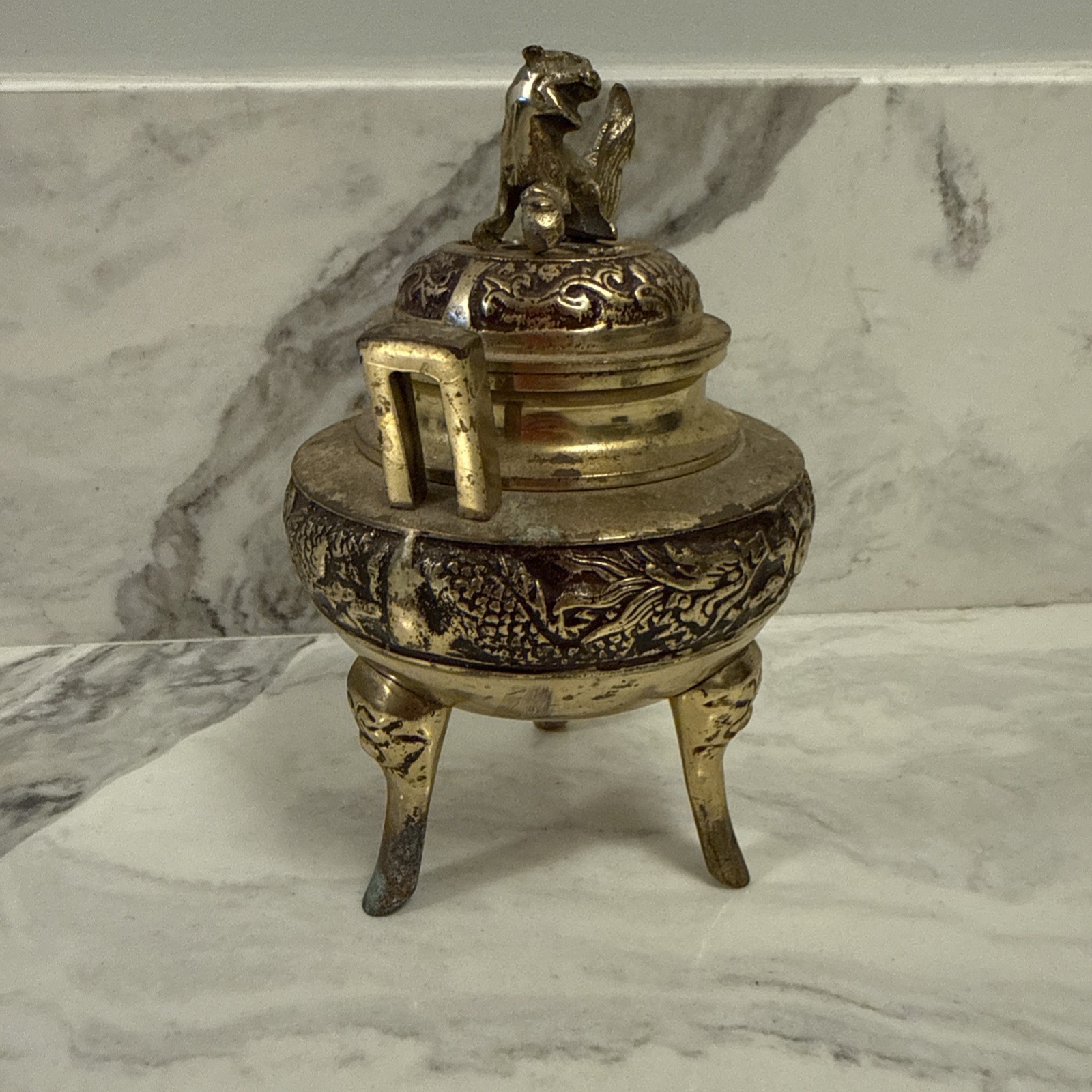 Old Chinese Metal Censer Foo Dog Dragon Motif Estate Find