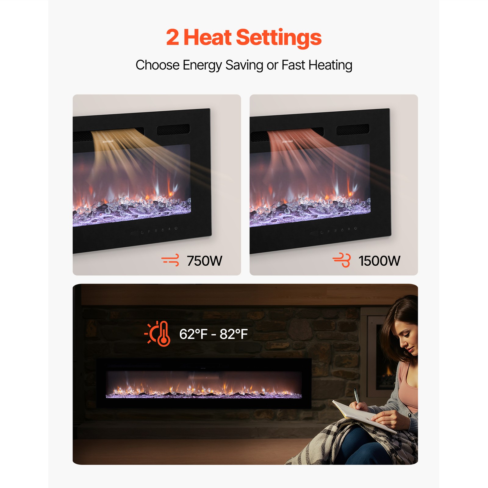 Uimoso 72-Inch Wall-Mounted & Recessed Electric Fireplace with Remote, 1500W