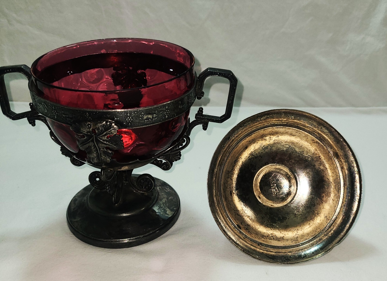 Antique Webster Silverplate Cranberry Thumbprint Glass Candy Dish Lid Victorian