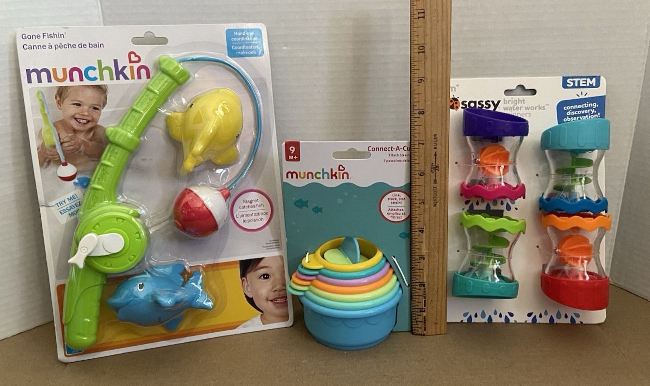 Three New Baby Bathtub Toys Sassy Spinners & Bath Cafe / Munchkin Gone Fishin'