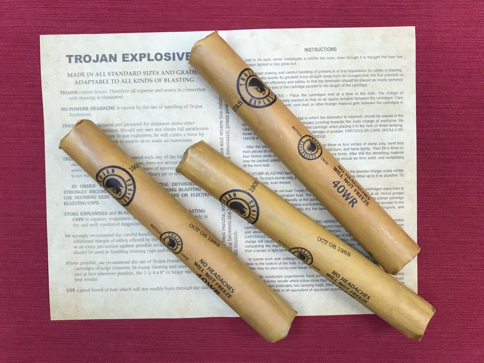 inert Trojan dynamite sticks, set of 3 w/instructions, replica, mining display