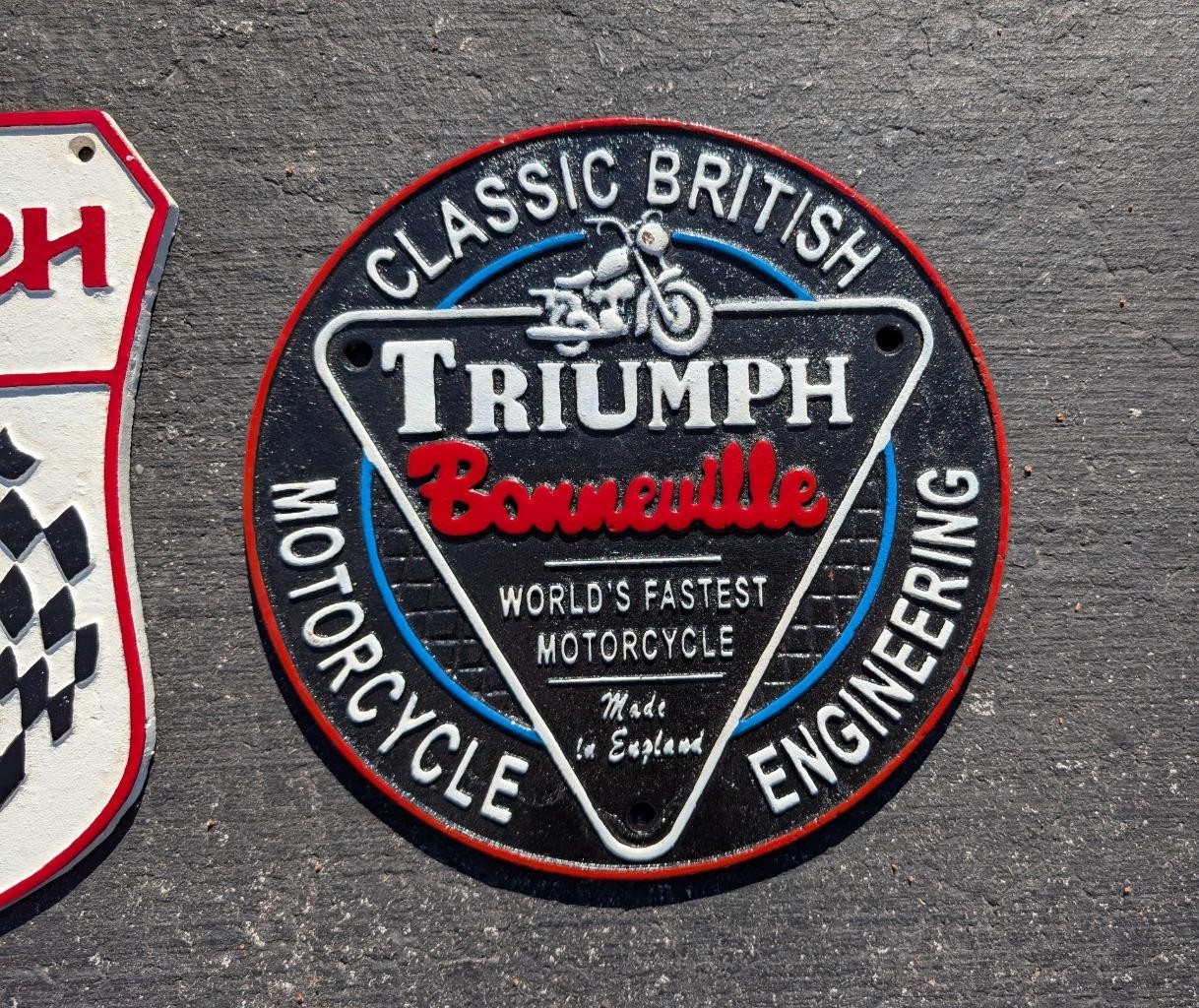 2 CAST IRON TRIUMPH MOTORCYCLE SIGNS CLASSIC BRITISH & SHELL