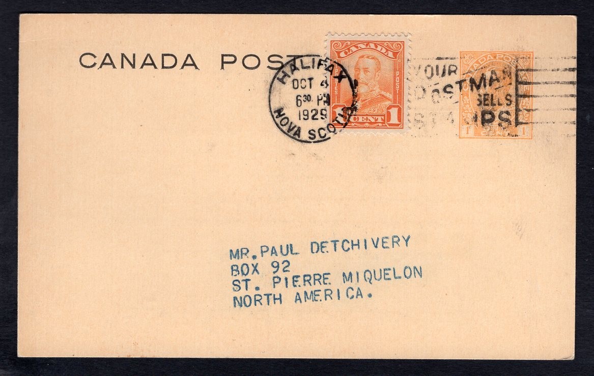 CANADA Halifax 1929 Uprated Postal Card to ST PIERRE & MIQUELON. Robert Simpson