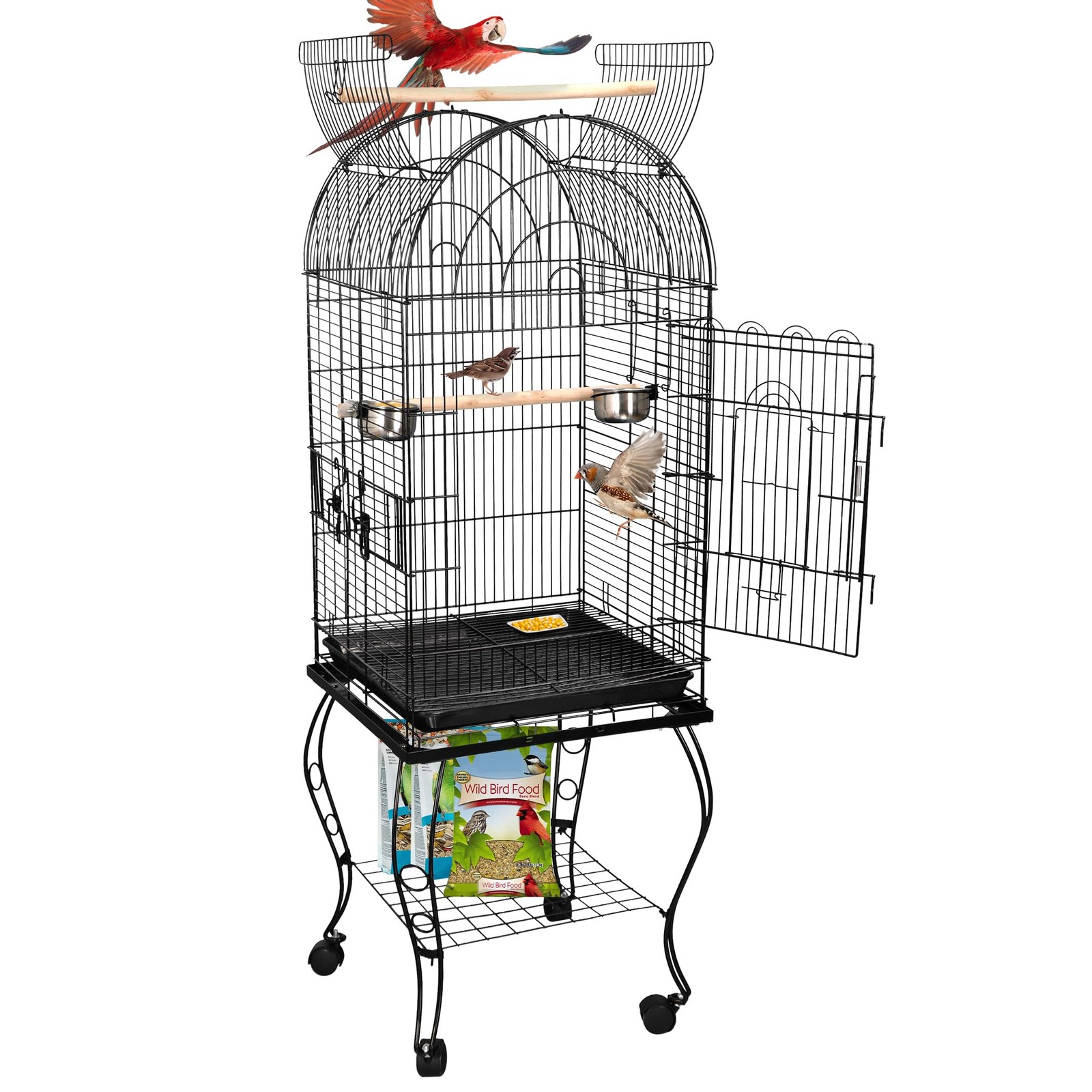 63.5 Inch Open-Top Wrought Iron Bird Cage with Slide-Out Tray and Rolling Stand