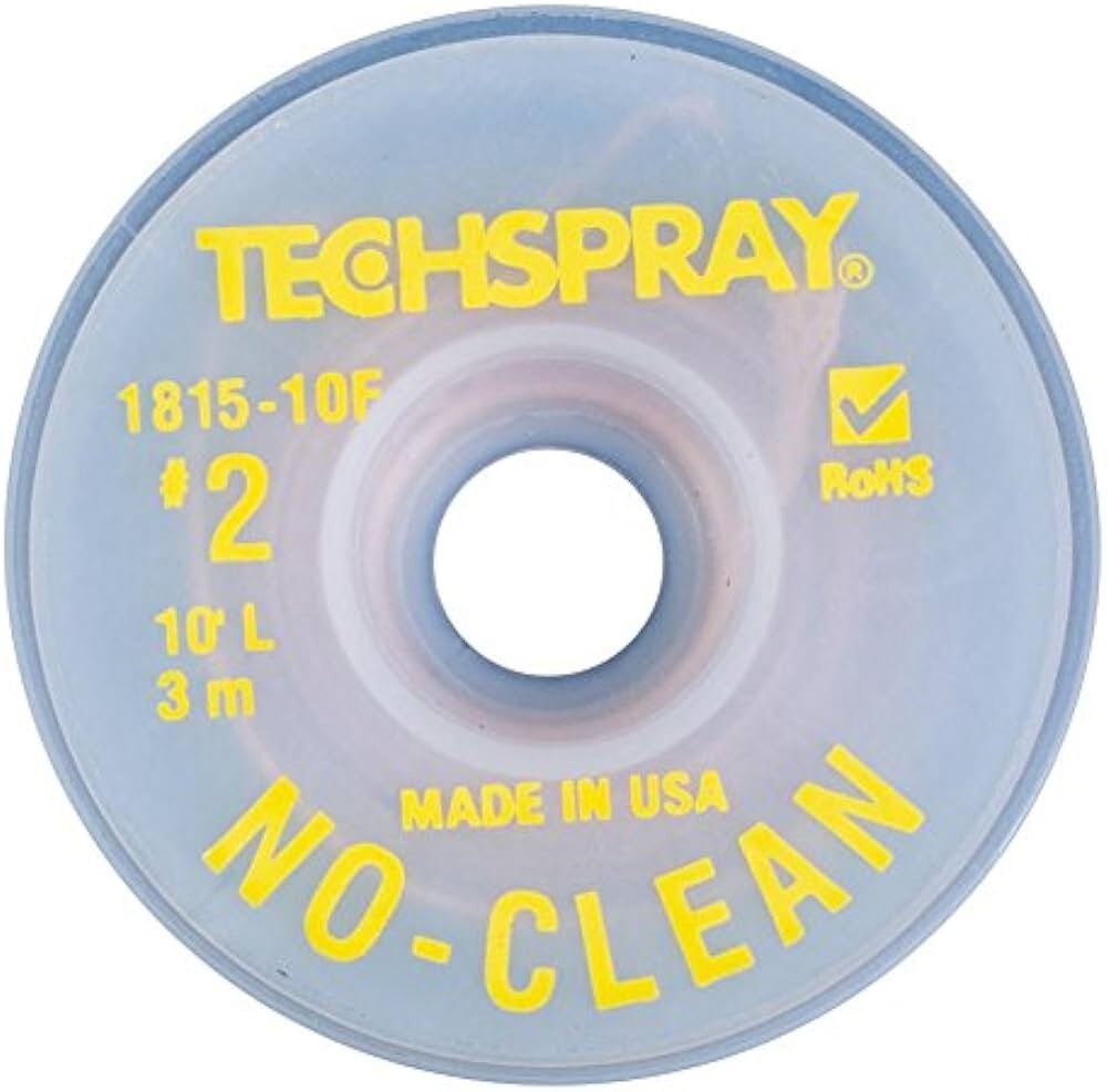 Techspray 1815-10F Solder Wick, No-Clean, 0.055" x 10 ft, Size #2, Yellow Label