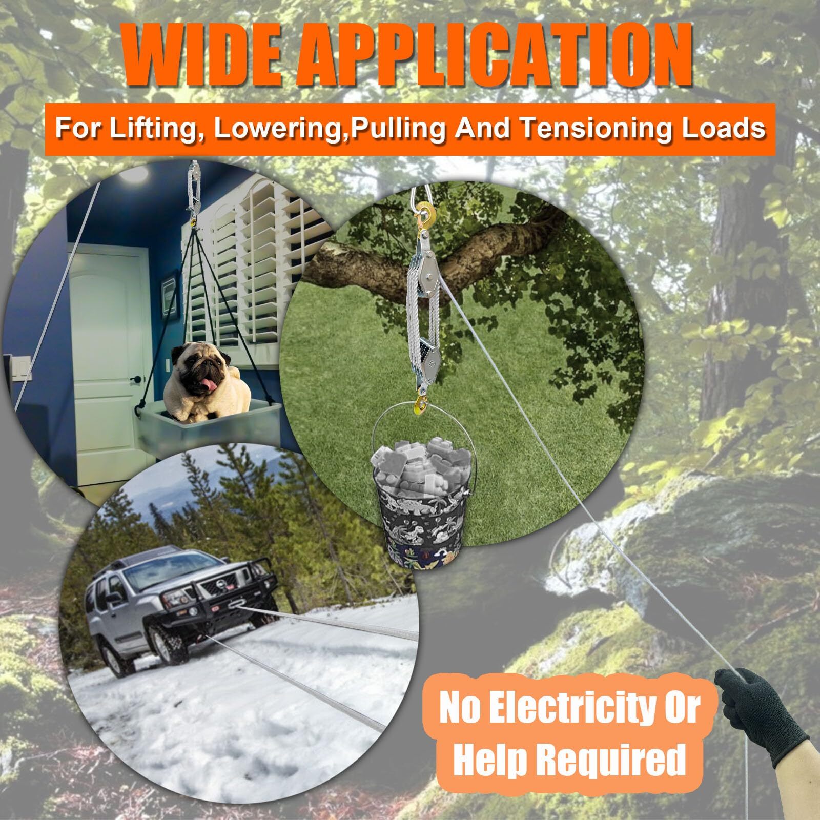 Rope Pulley Hoist 4400 LB, 8:1 Lifting Power Pulley Block and Tackle System