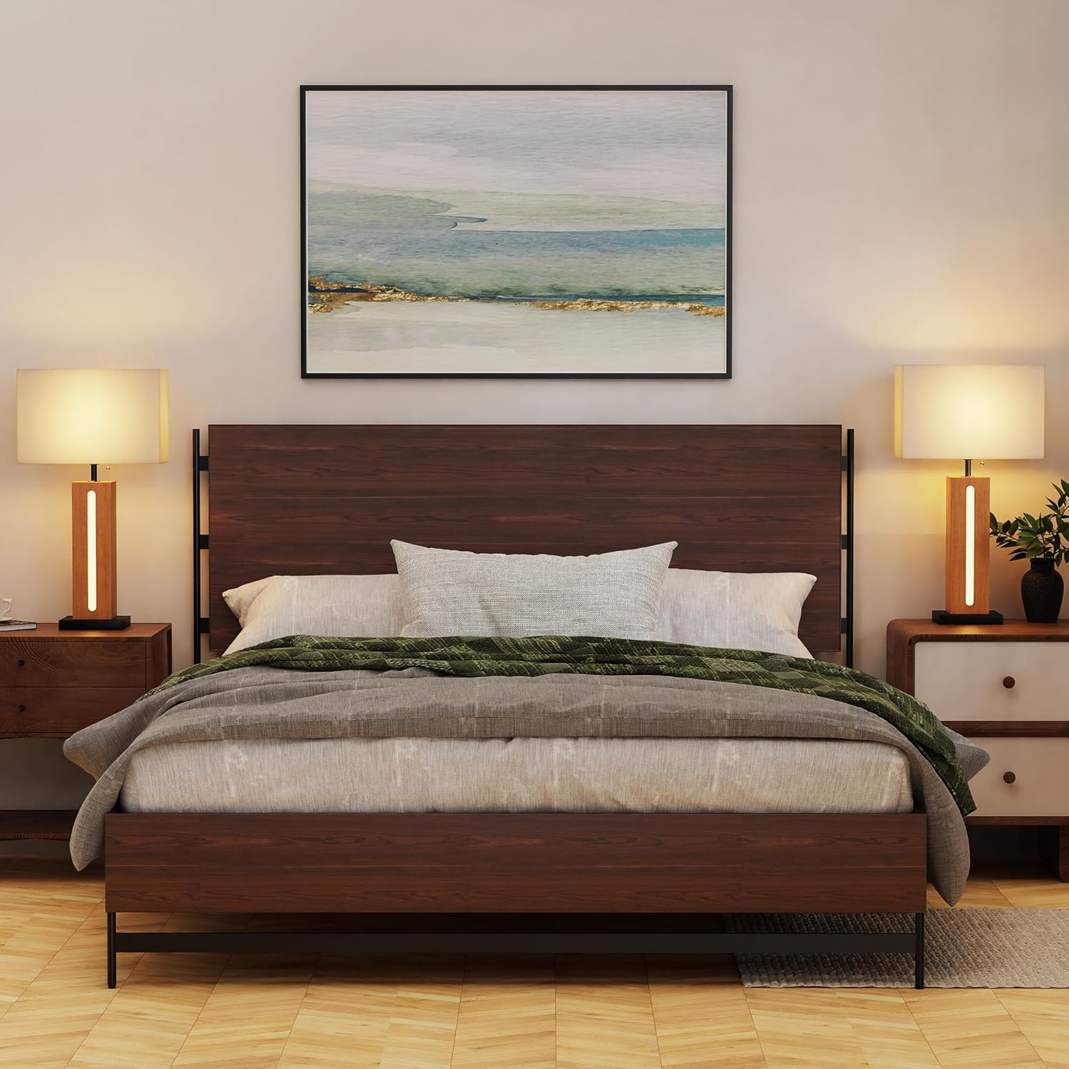 22'' Table Lamps Set of 2 Modern Wood Dimmable Linen Shade Living Room Bedroom