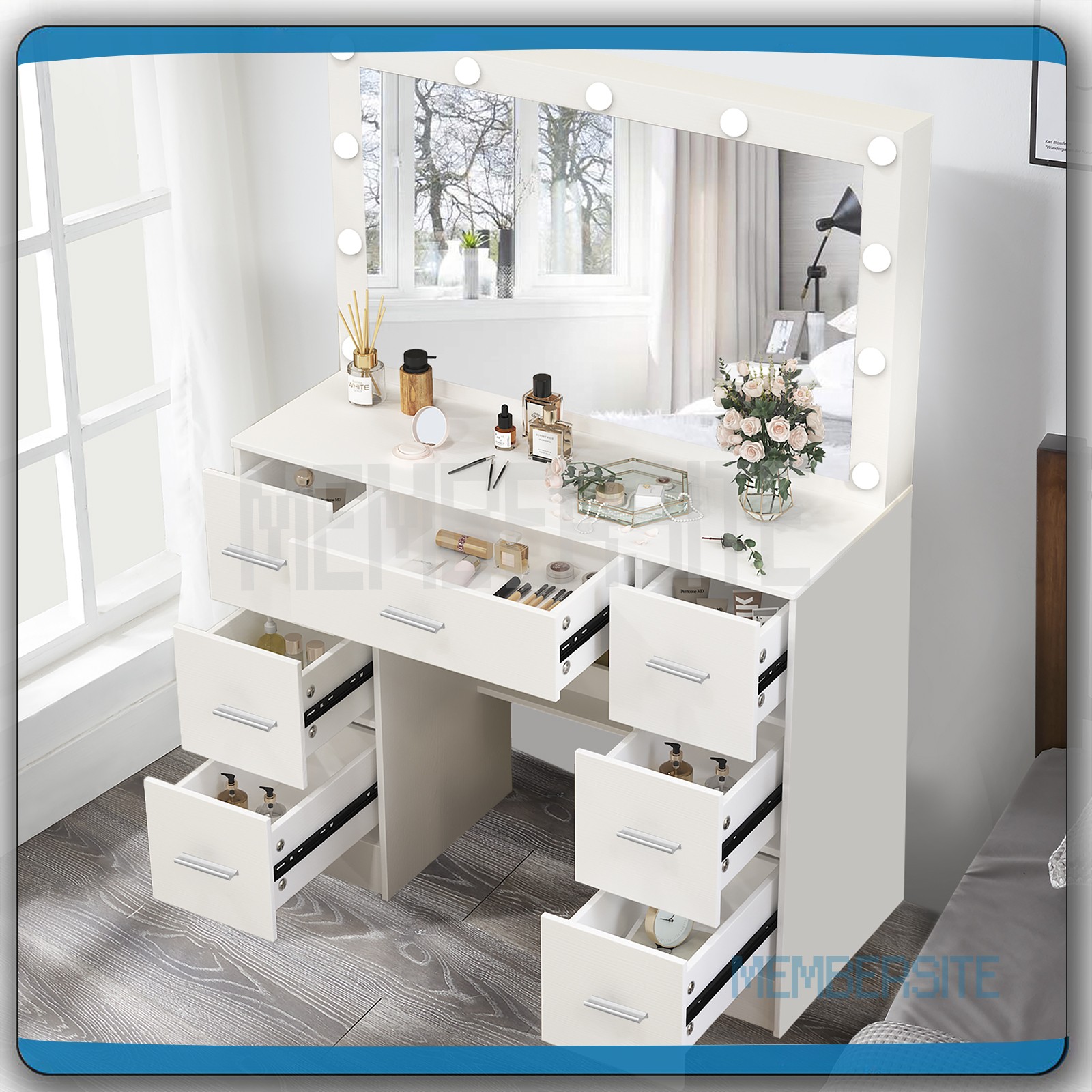 NEW Vanity Desk Makeup Table With Large LED Mirror And 7 Drawers Dressing Desk