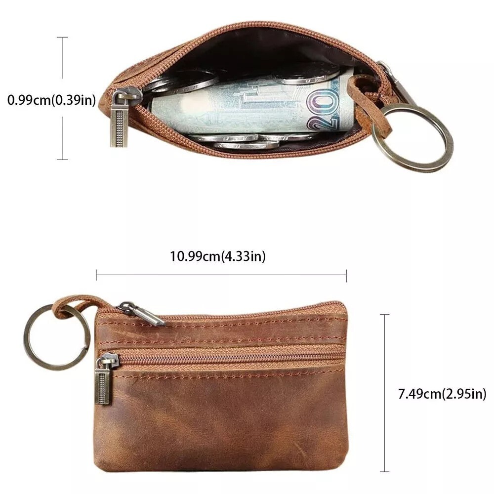 Brown Genuine Leather Small Coin Holder Change Purse Zipper Key Card Wallet