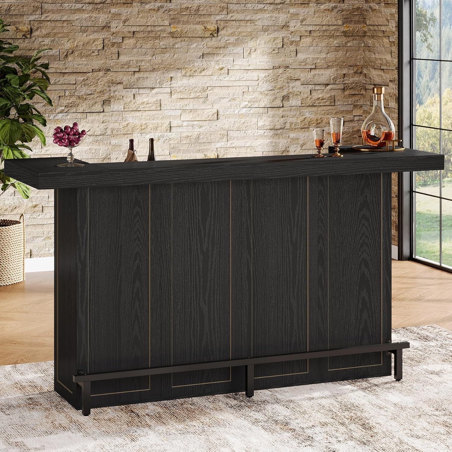 70.9-Inch Black Bar Table, Large Wooden Home Bar Unit Table for Small Spaces