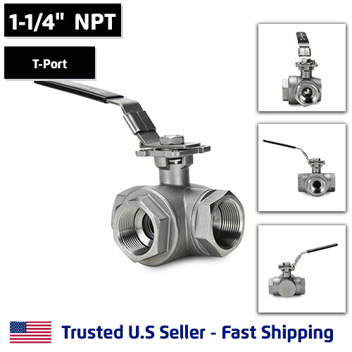 1-1/4" 3-Way T-Port Ball Valve, Stainless Steel, NPT Threaded, 1000PSI