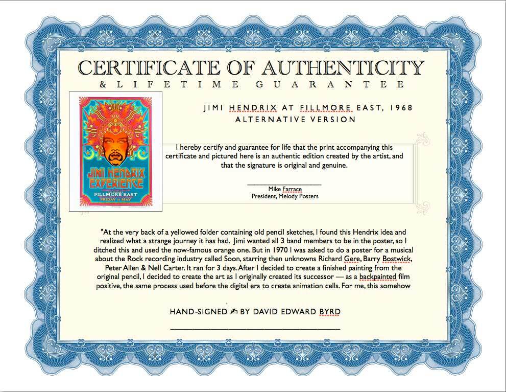 Jimi Hendrix 1968 Fillmore East Poster Original Design New AE Signed David Byrd