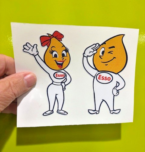 Vintage Esso Oil Drop Man & Woman Sticker Decals – Retro Gas Station Advertising
