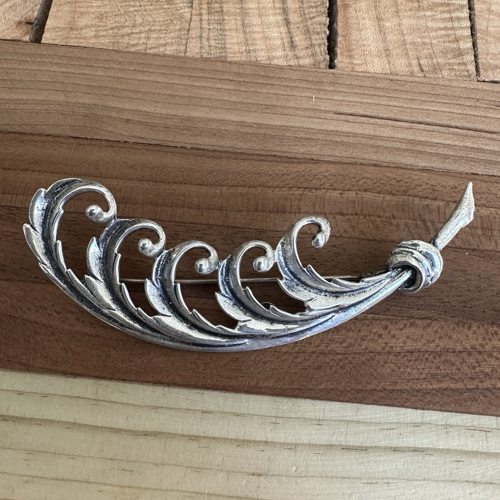 Vintage Sterling by Jewelart Pin Brooch 3 Inch Feather Scroll Signed MCM 12.6g