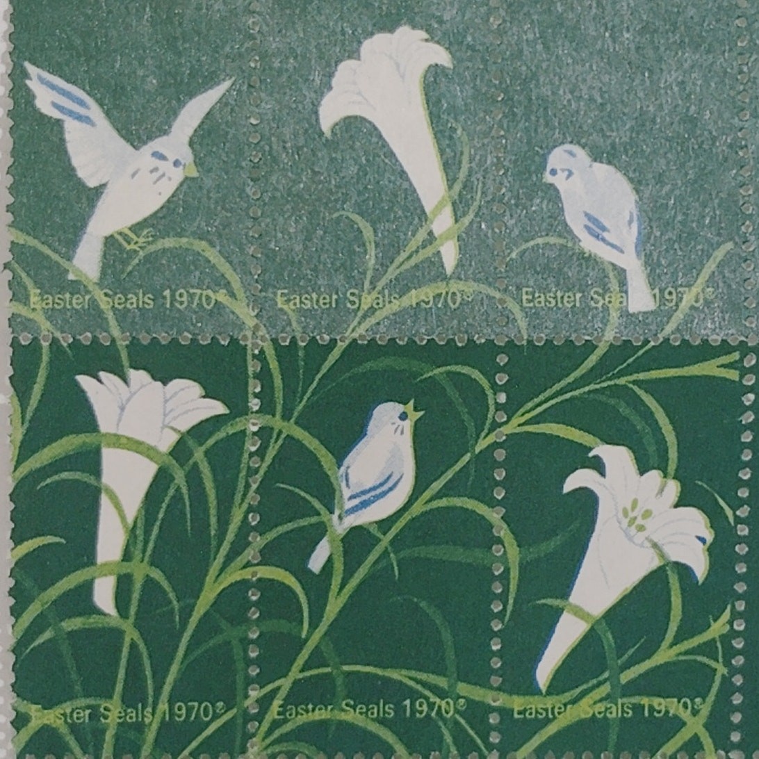 1970 Easter Seals, Partial Sheet of 15 White Lilies & Blue Birds, Vintage