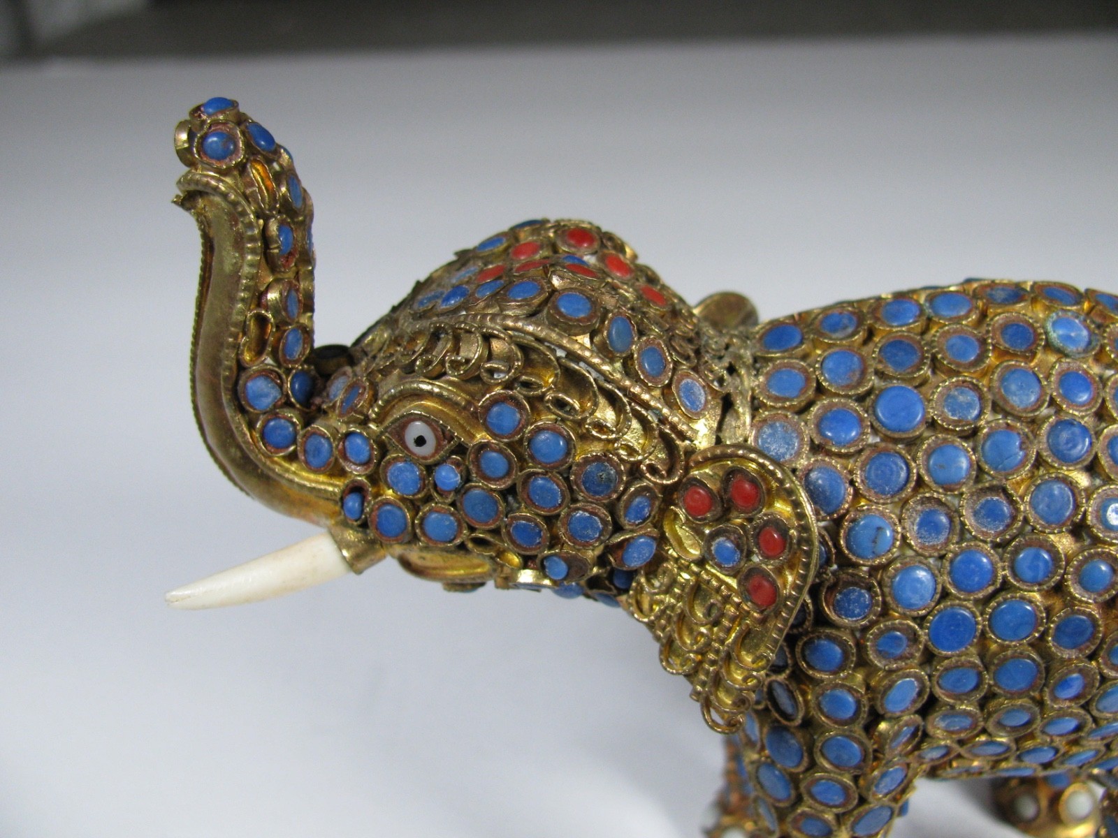 Lot 2 Vintag Tibet or Nepal Elephant Brass Lapis Coral Inlaid Filigree Figurine