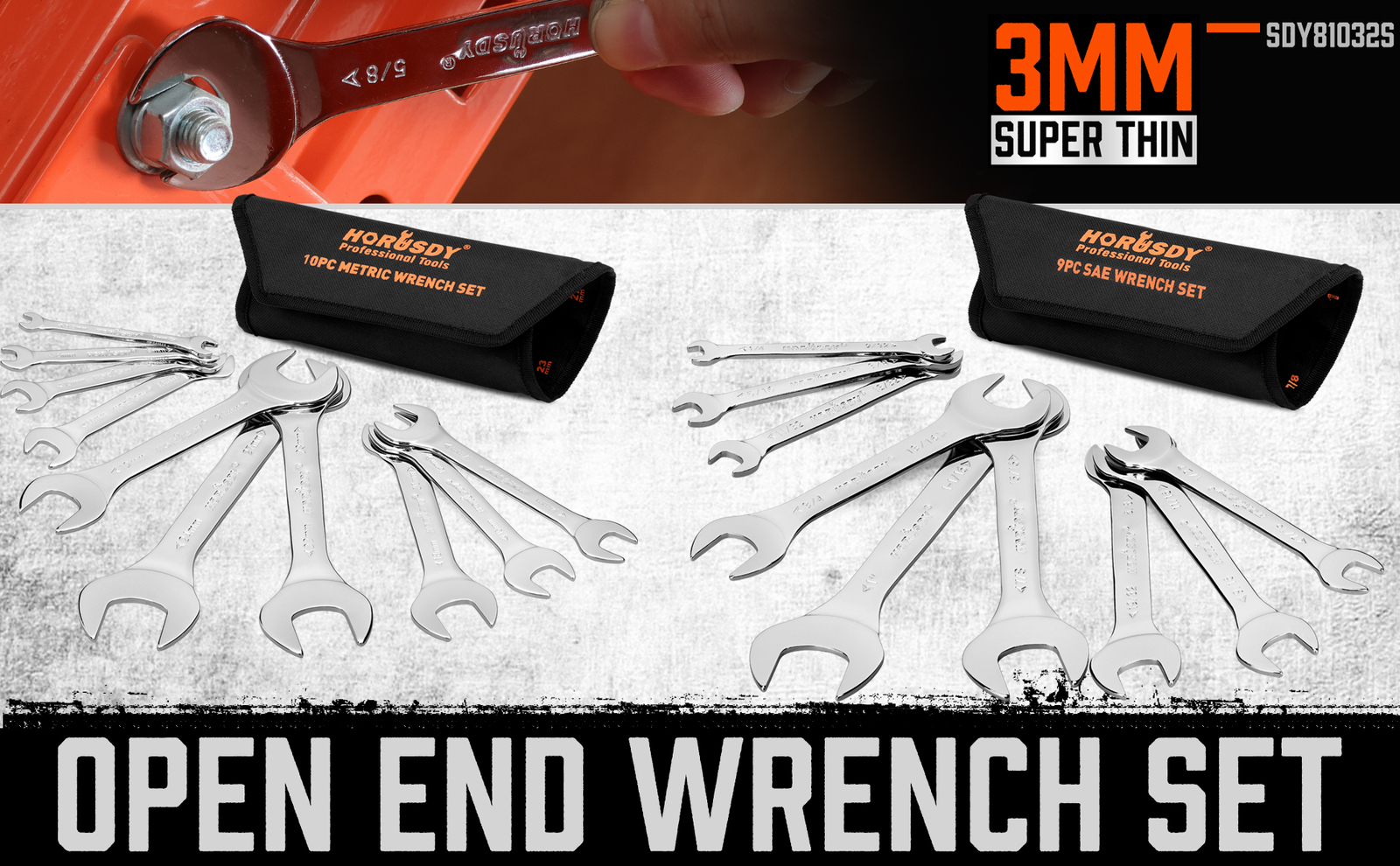 19PC SAE & Metric Thin Open End Wrench Set Bike Wrench Set W/ Rolling Pouch CR-V