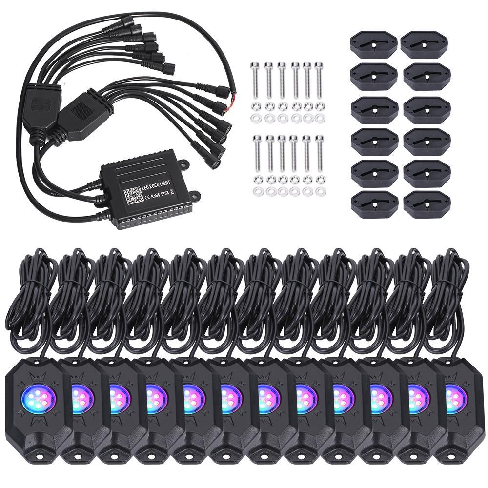 12Pods RGB LED Rock Light Offroad Music Wireless Bluetooth Underglow Neon Lights