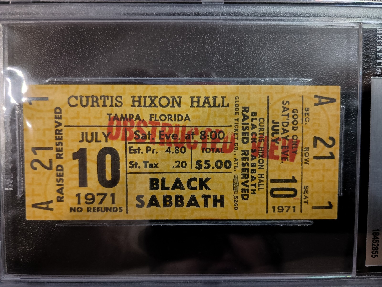 Black Sabbath Full Yellow Concert Ticket Curtis Hixon Hall Tampa 7/10/1971 BAS