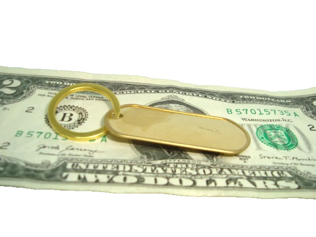 BRASS Military Style Rolled Edge Dog Tag Yellow Brass Finish 1"in. GOLD keyring