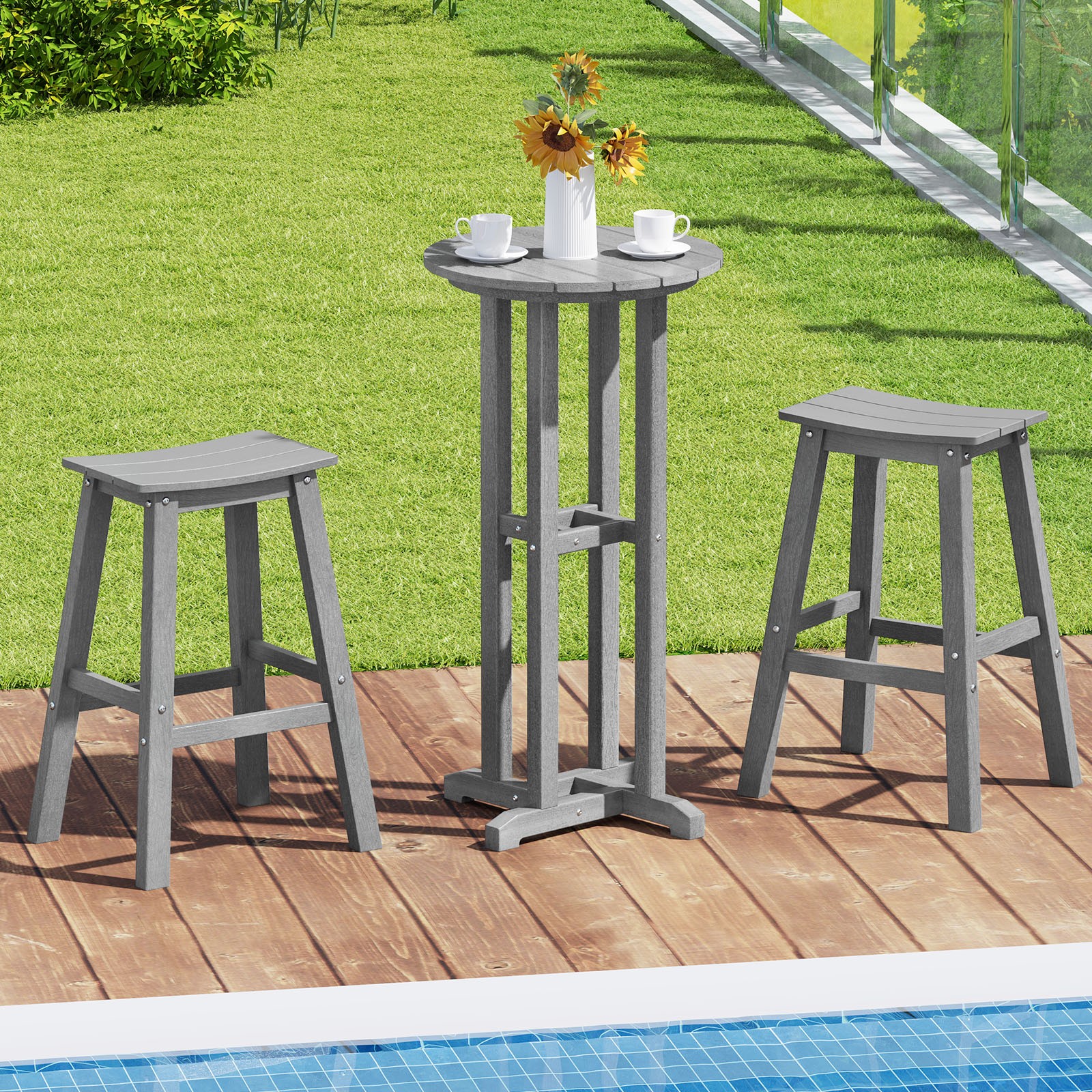 21.5" Round Bar Table Patio HDPE Bar Height Dining Table w/ Slatted Tabletop