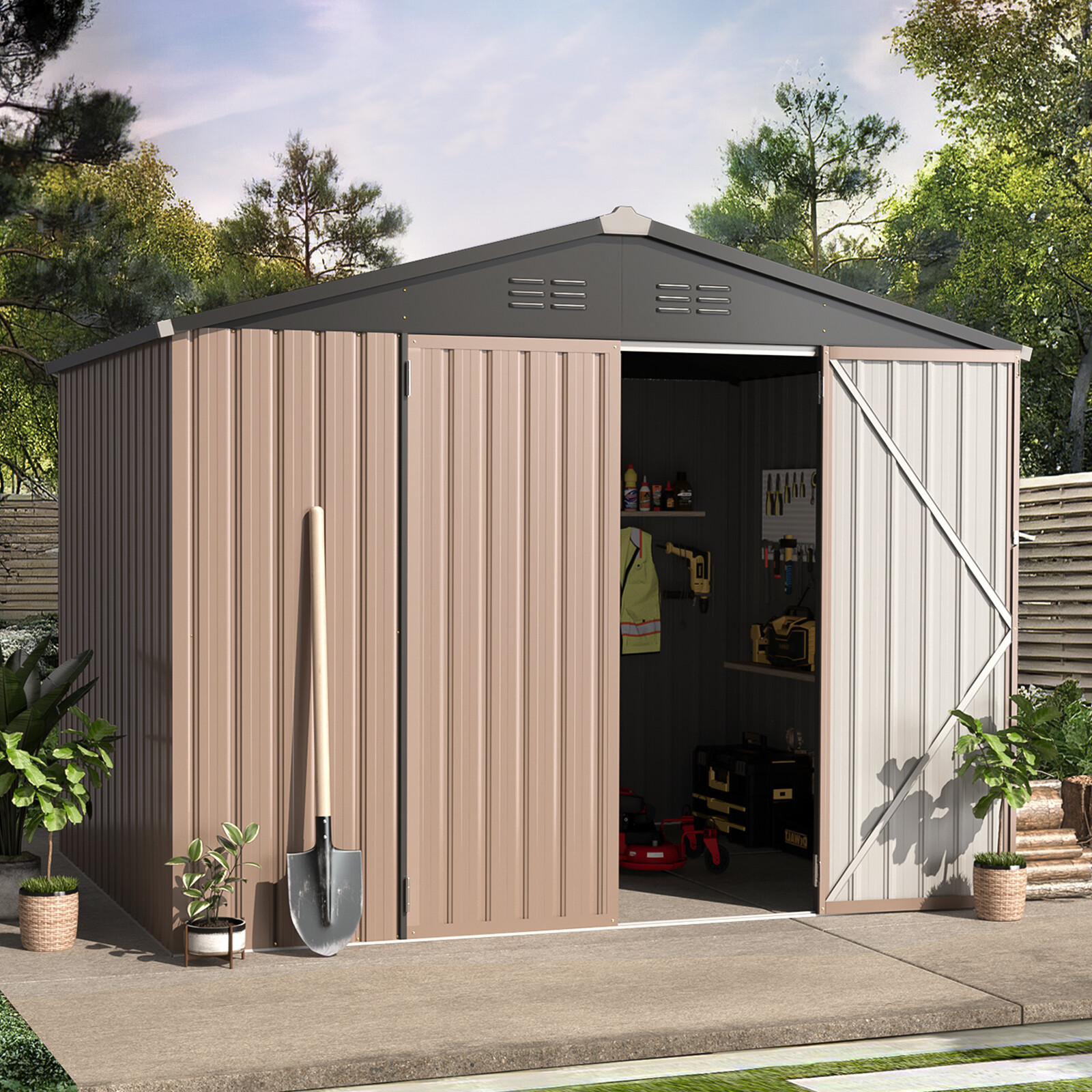 AECOJOY 4'x6'/ 6'x8' Outdoor Metal Storage Shed for Garden Tools Lockable Door