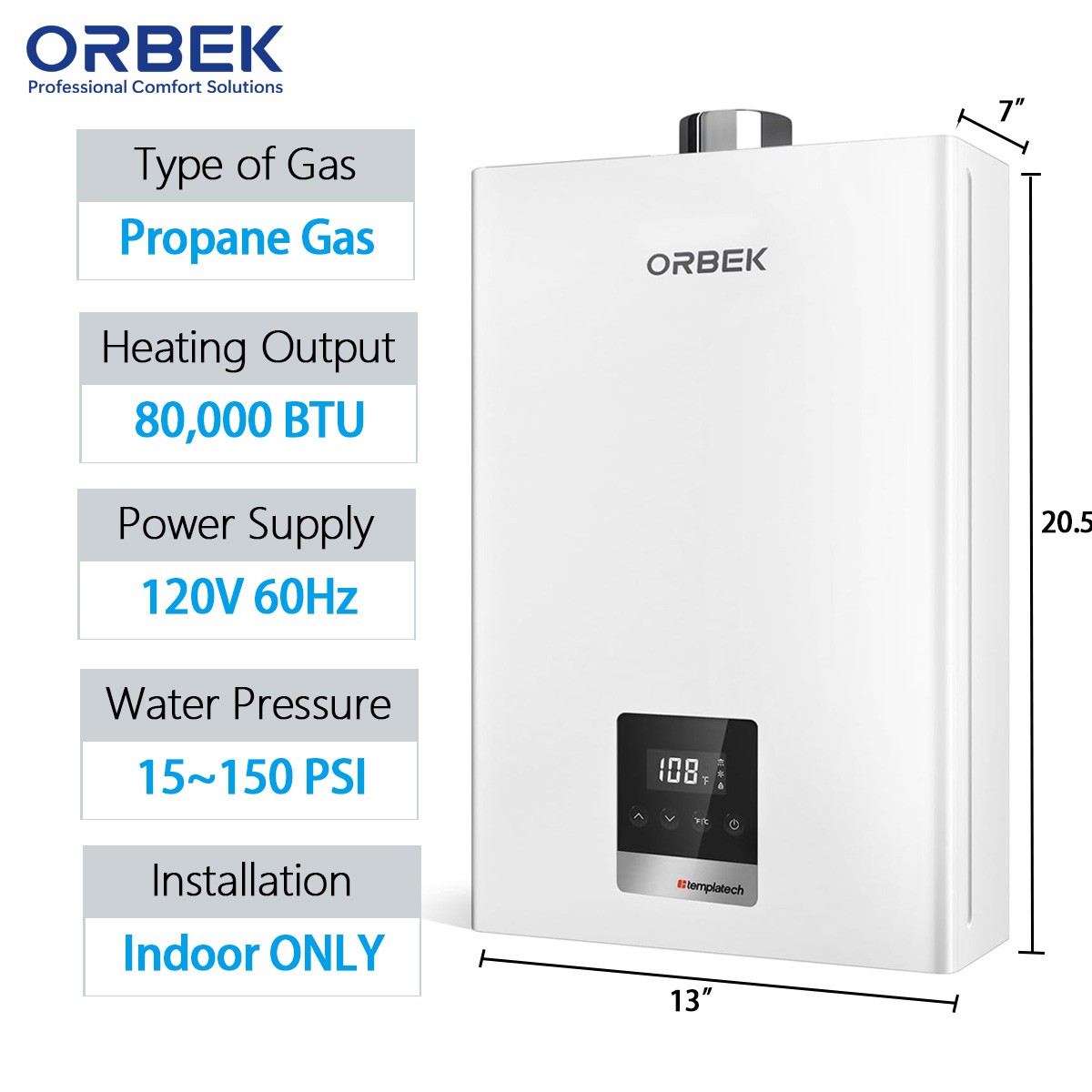 80,000 BTU Tankless Water Heater Propane Gas 3.6 GPM Indoor Instant Hot Water