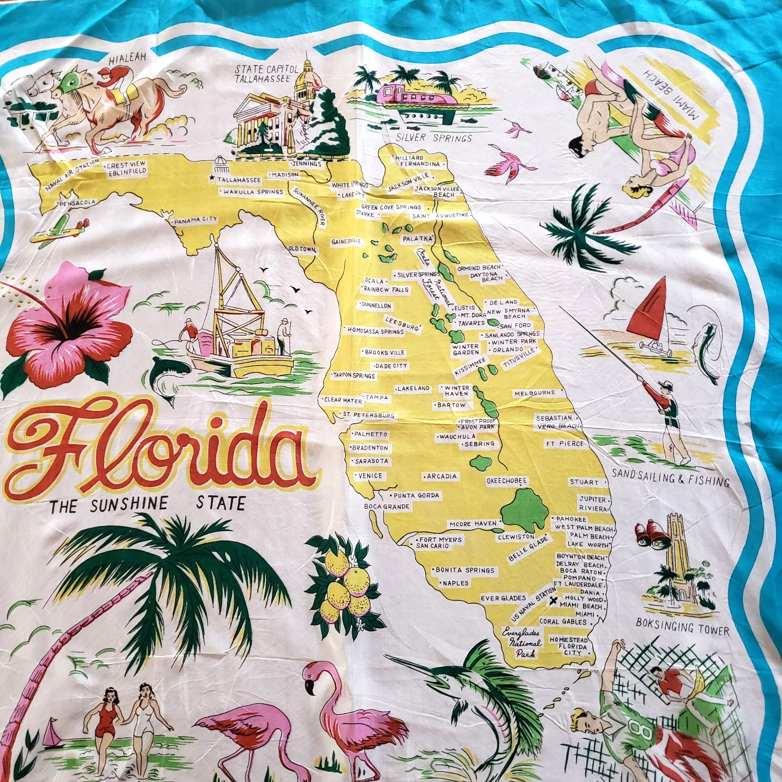 Vintage MCM Florida Map Scarf Rayon Turquoise Blue Hand Rolled Japan 30"X30"