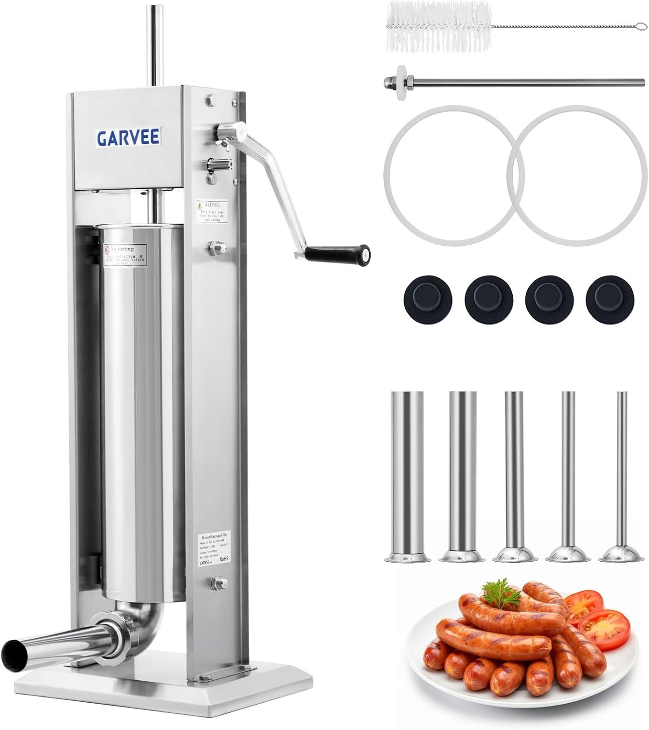 7L Manual Sausage Stuffer 304 Stainless Steel w/ 5 Filling Tubes & Cleaning Kit