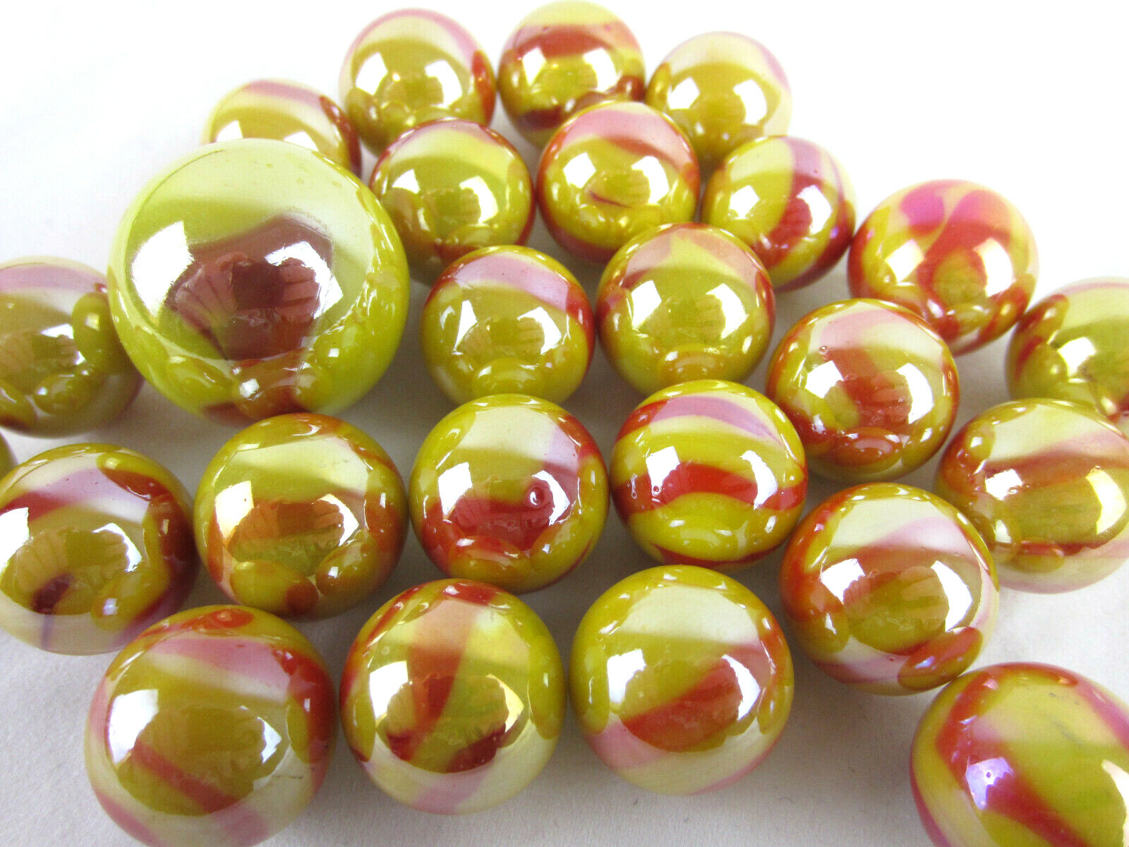 25 Glass Marbles SUN Fire RED/YELLOW Opal iridescent Shooter game style Swirl