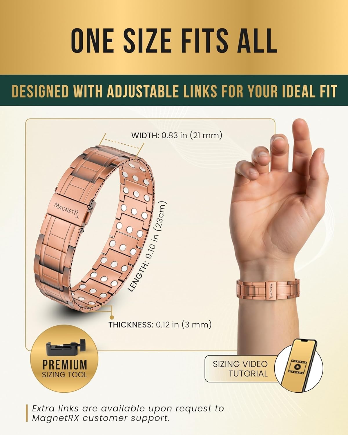 MagnetRX® 3X Strength Copper Bracelet for Men with Magnets Over Clasp and Adjust