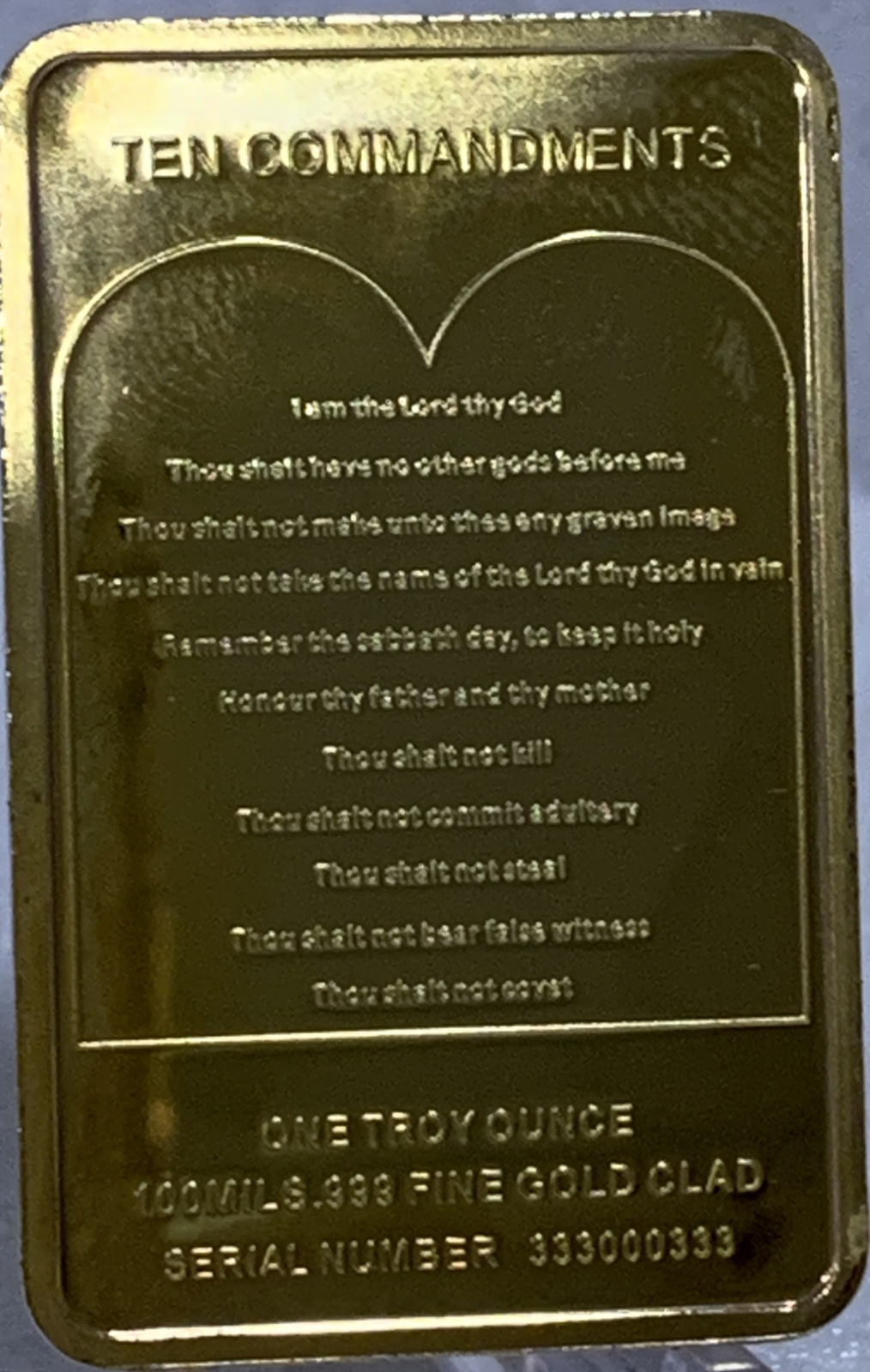 * Jesus Christ Crucified & 10 Commandments Gold Plated Bar Metal Coin In Capsule