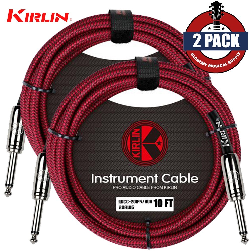 2-PACK Kirlin 10FT 1/4" Red/Black Woven Guitar/Bass Cables PLUS Free Cable Ties
