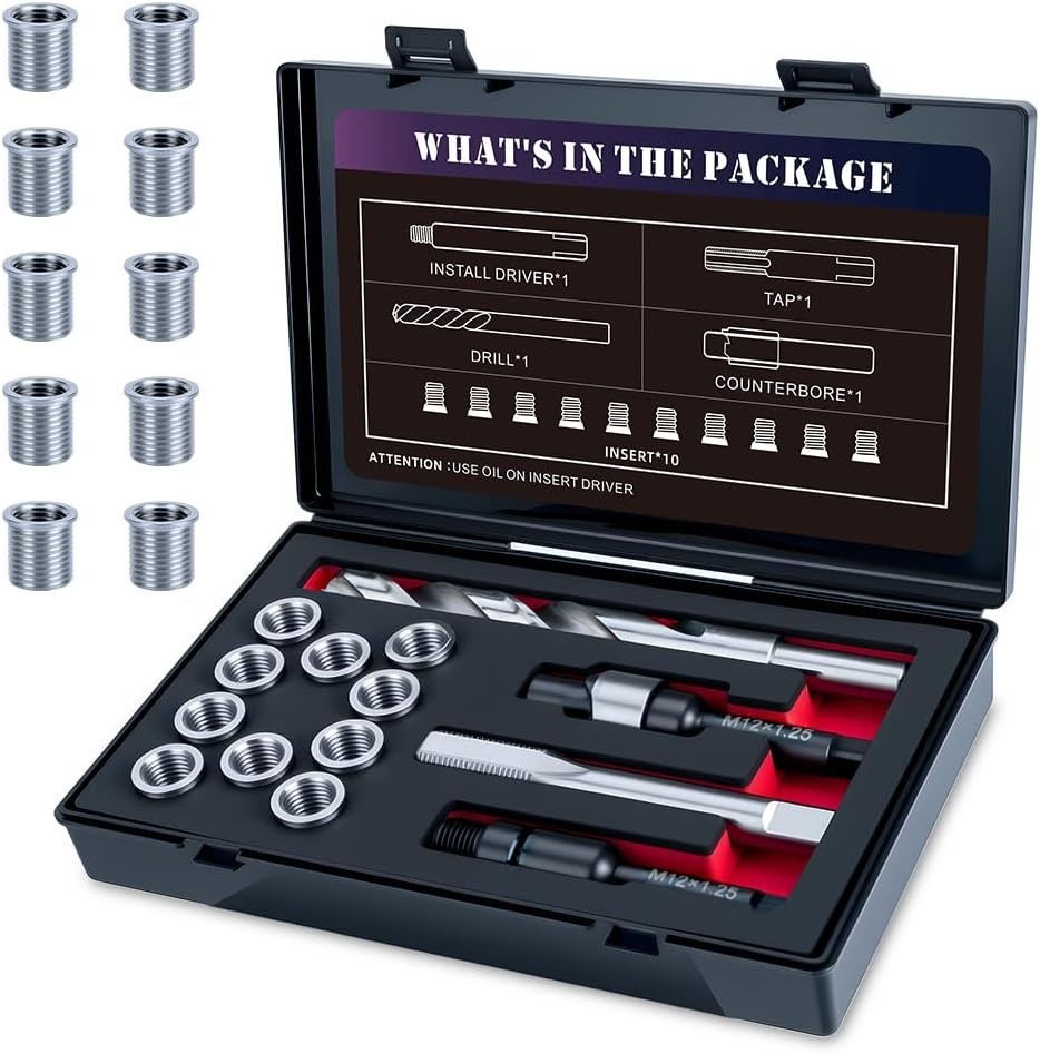 M12X1.25X15MM Thread Repair Kit with Insert HSS Drill, Tap, Counterbore, Install