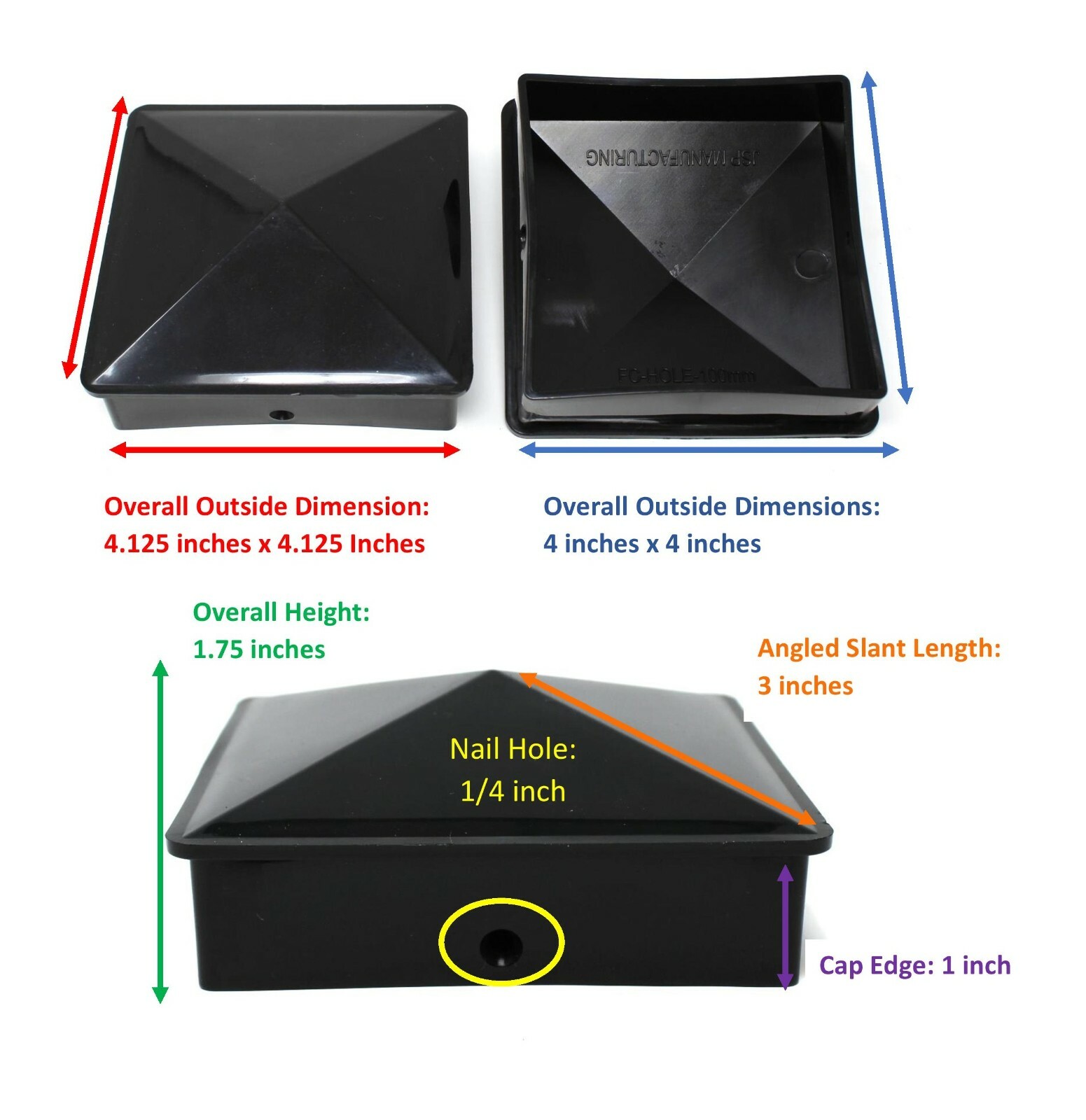 Plastic Pyramid 4x4 True (100mm) Fence Post Cap w/ Pre-Drilled Hole Black/ White