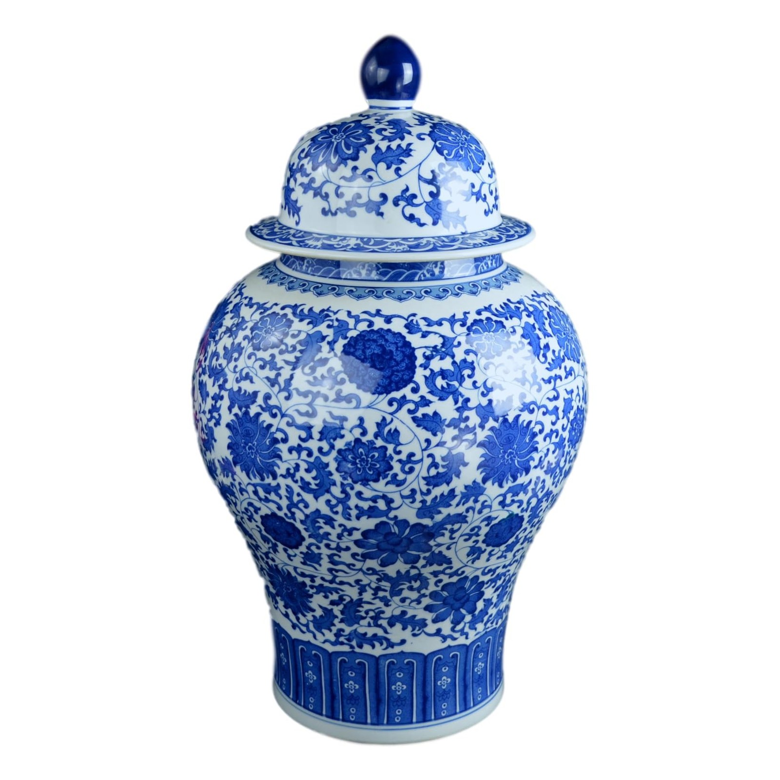 24" Classic Blue and White Floral Porcelain Ceramic Temple Ginger Jar Vase, L...