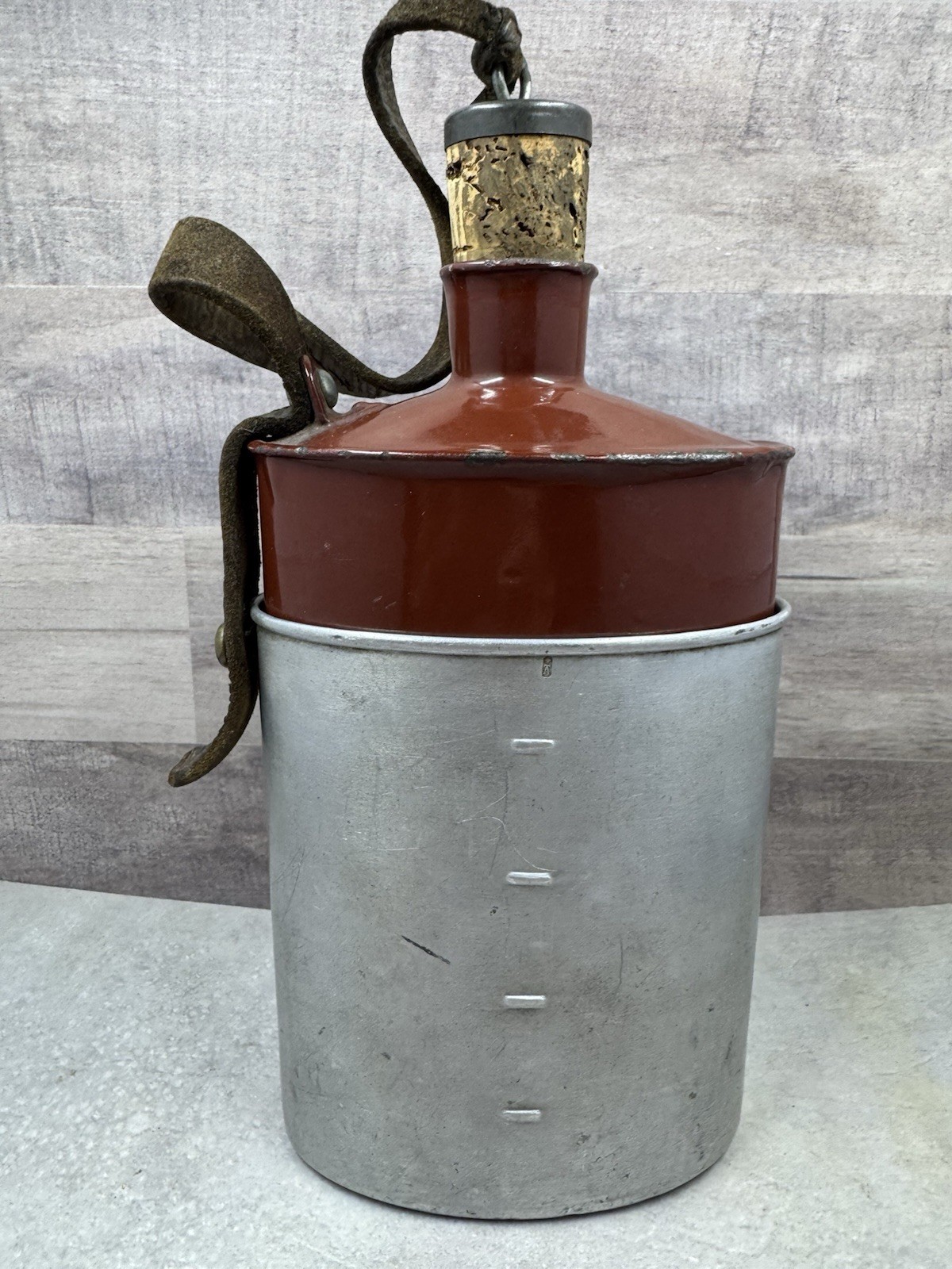 Vintage Swiss Army Canteen Enamel Water Bottle w/ Cork & Leather Strap 8.5”