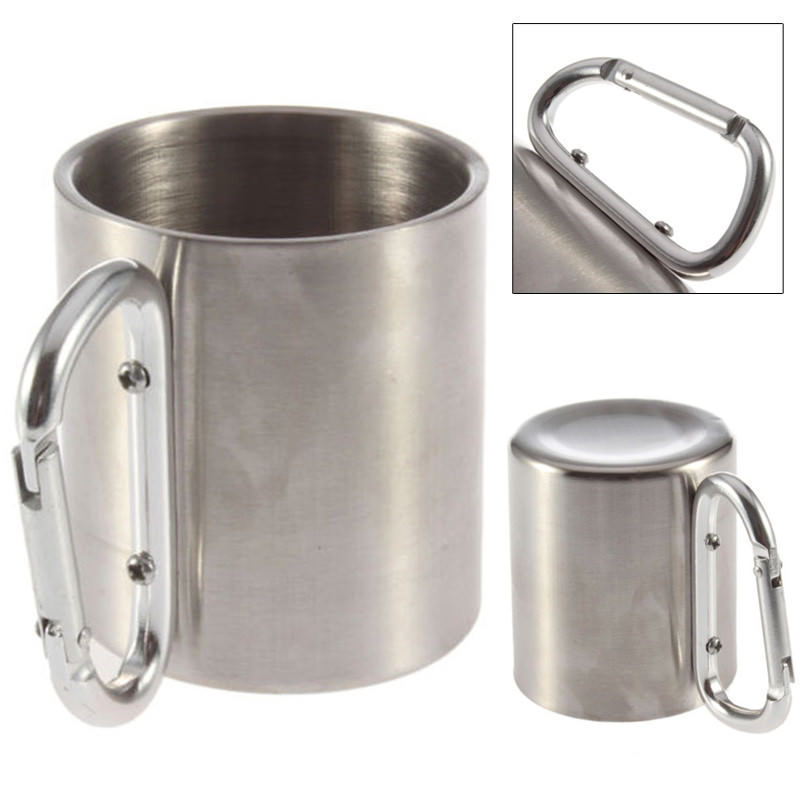 Outdoor Camping Cup Stainless Steel Coffee Mug Carabiner Hook Double Wall 220ml