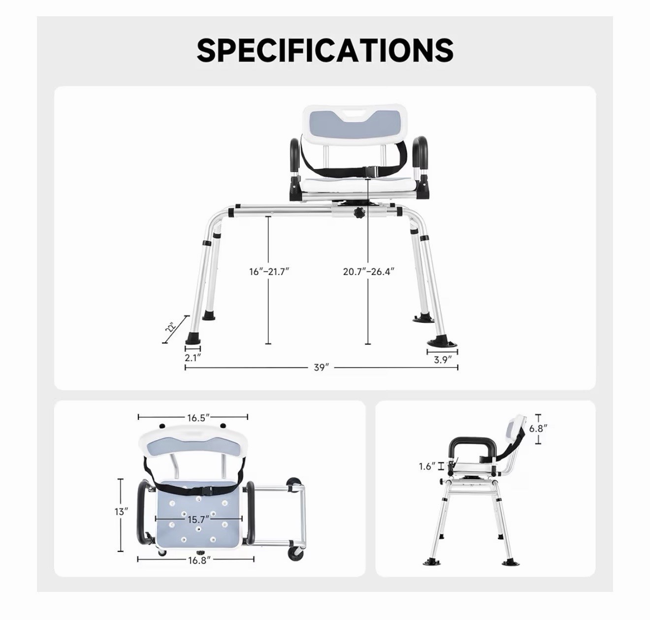 CO-ZSliding Shower Chair with 360° Swivel Seat 12Level Tub Transfer Bench with