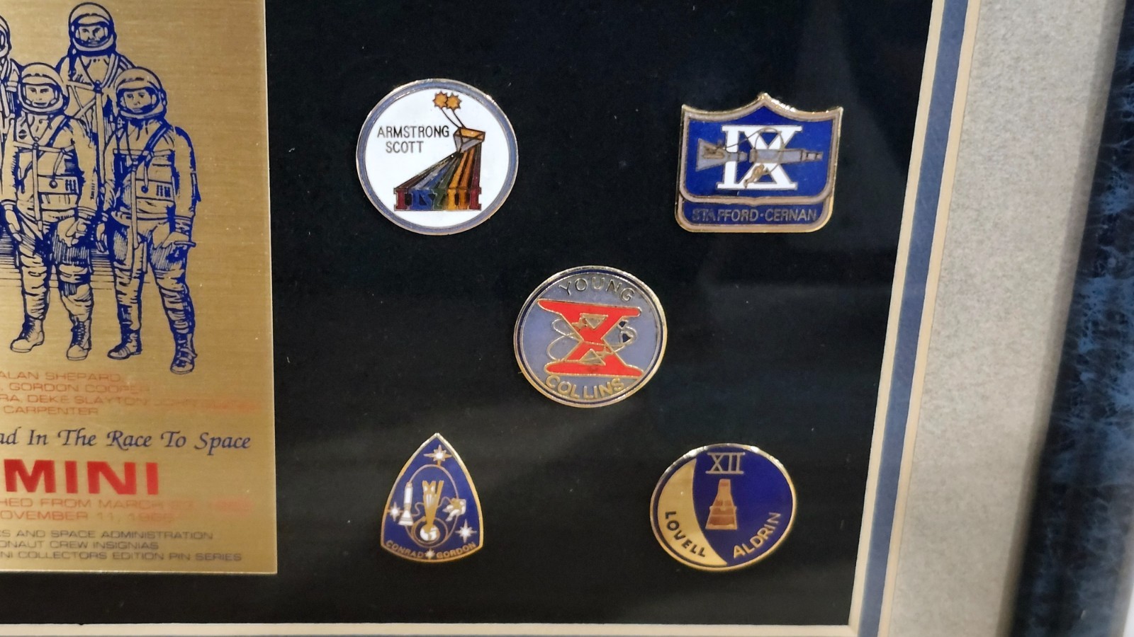 rare Wesco framed collection of NASA Mercury - Gemini insignia pins