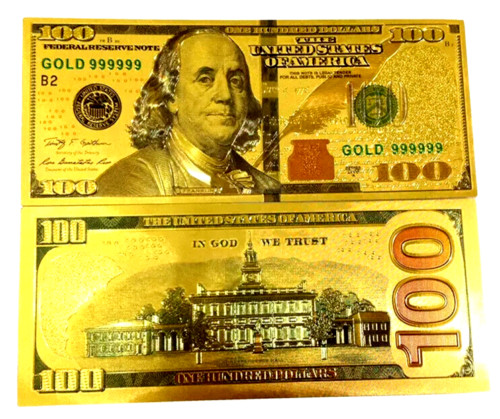 Lot of 100 - 24 K GOLD Plated $100 Dollar Bill with Green Seal TWO SIDED Printed