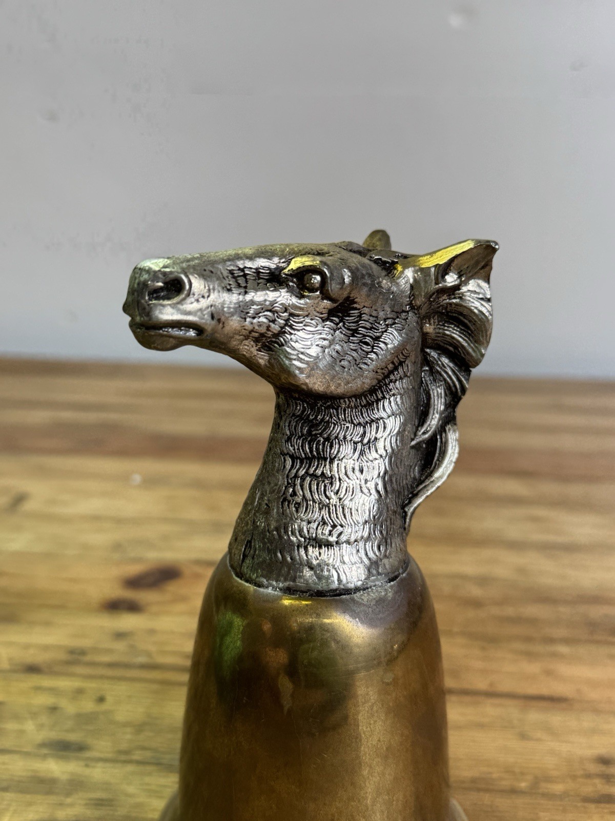 VINTAGE SIGNED MAURO MANETTI ITALY STIRRUP CUP HORSE HEAD BRASS AND SILVER PLATE